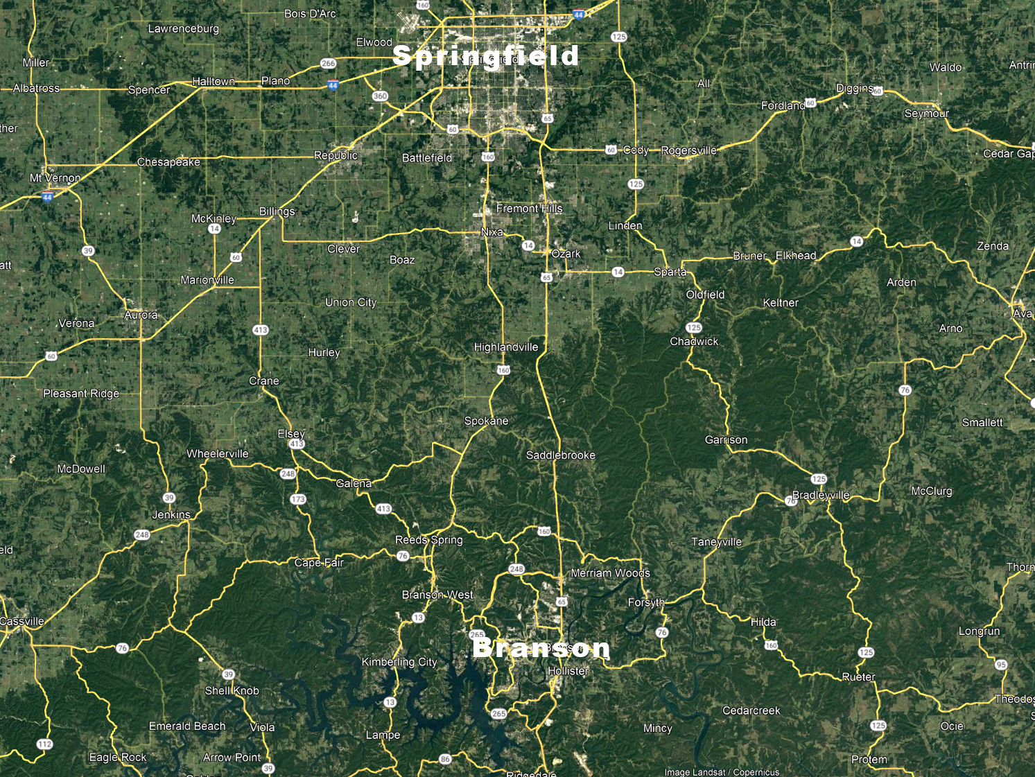 Springfield to Branson Service Area Map